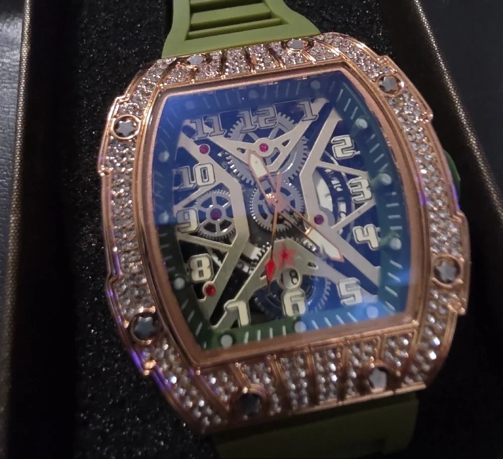 Rose Gold Diamond-Accent Olive Green Strap Mechanical Watch